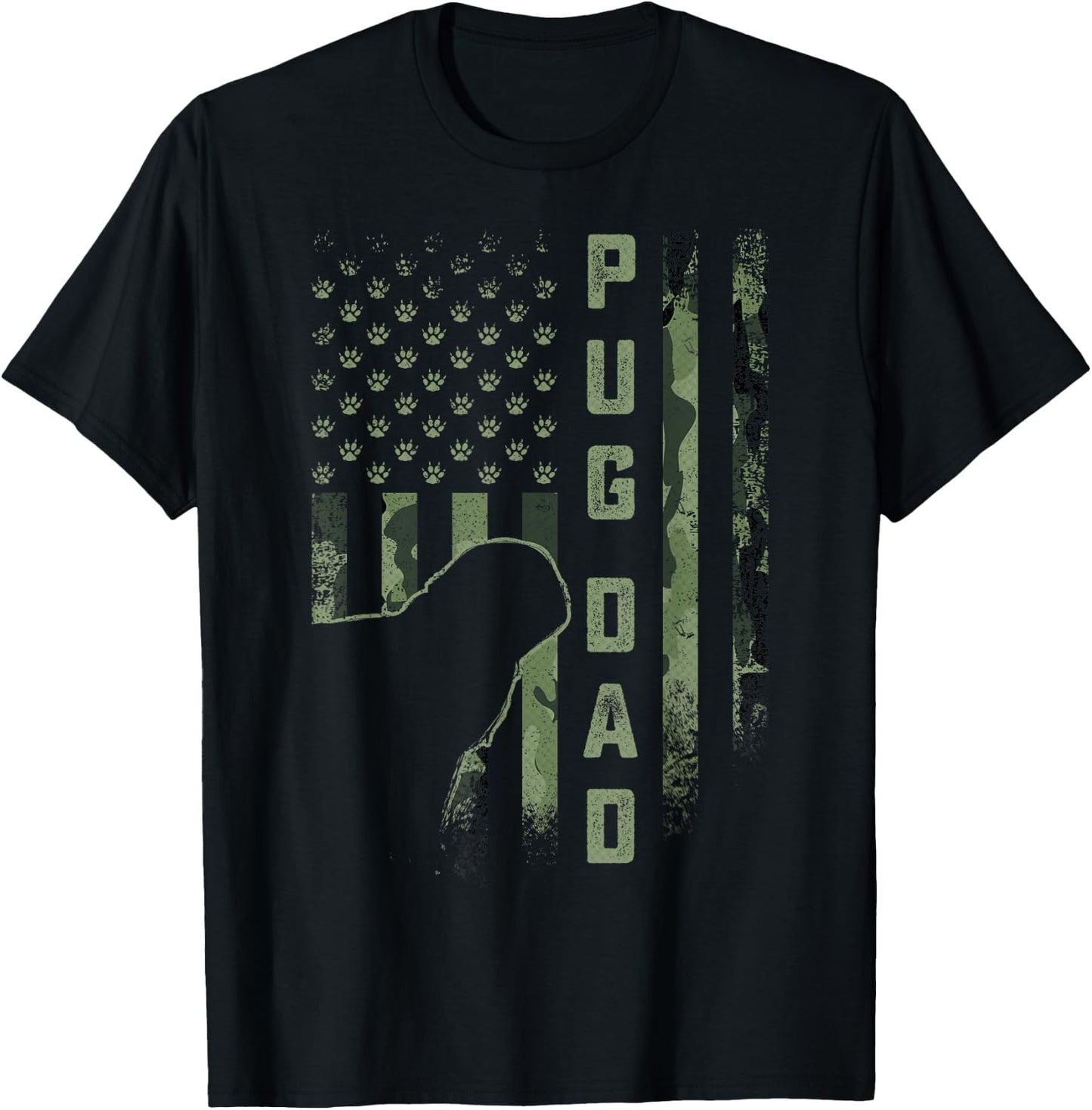 Vintage USA American Camo Flag Proud Pug Dog Dad Silhouette Men Women T-Shirt - T-Shirt | Black
