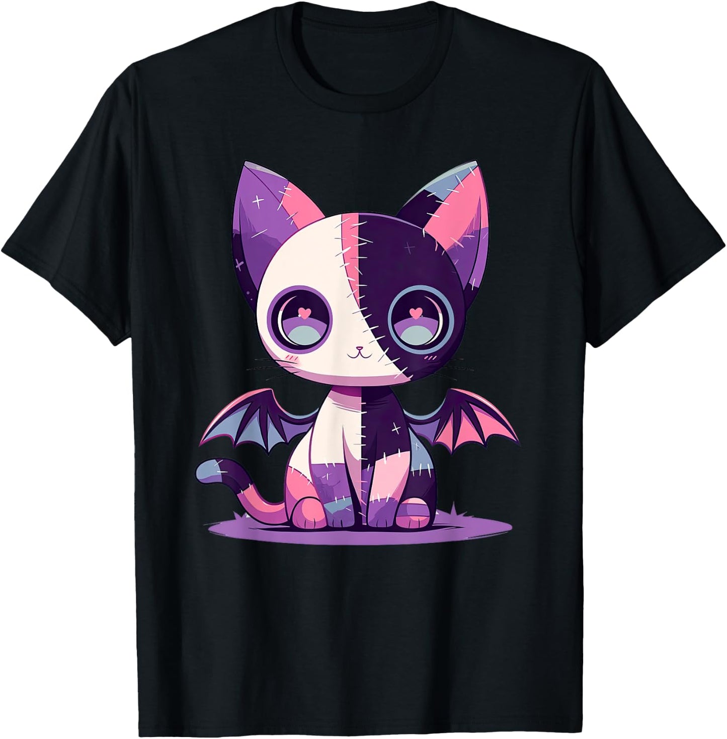 Kawaii Pastel Goth Creepy Cute Witchy Zombie Patchwork Cat T-Shirt - T-Shirt | Black