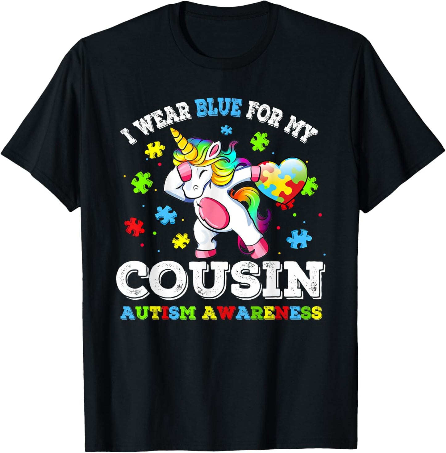 I Wear Blue For My Cousin Autism Dab Unicorn Puzzle Piece T-Shirt - T-Shirt | Black