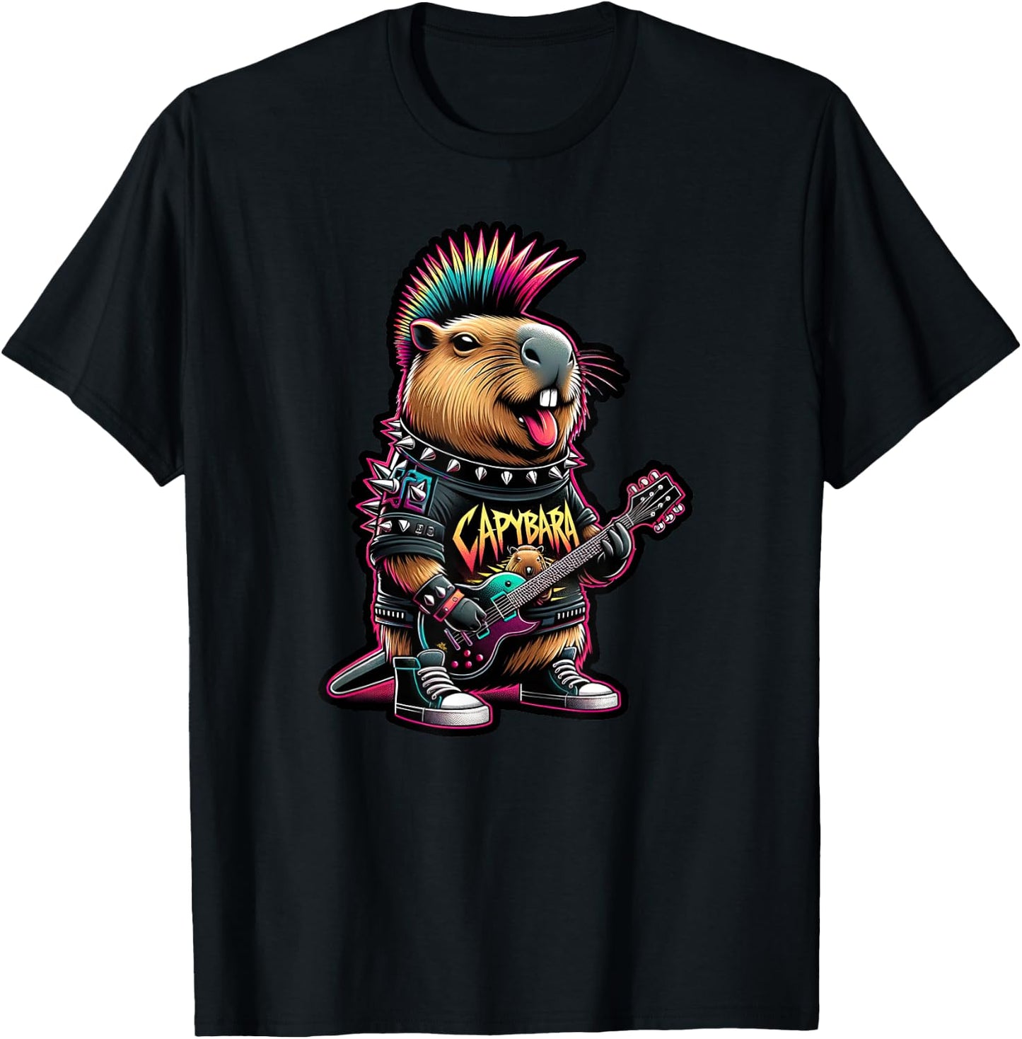 Capybara Rockstar Vibes - Funny Iconic Punk Rock Heavy Metal T-Shirt - T-Shirt | Black
