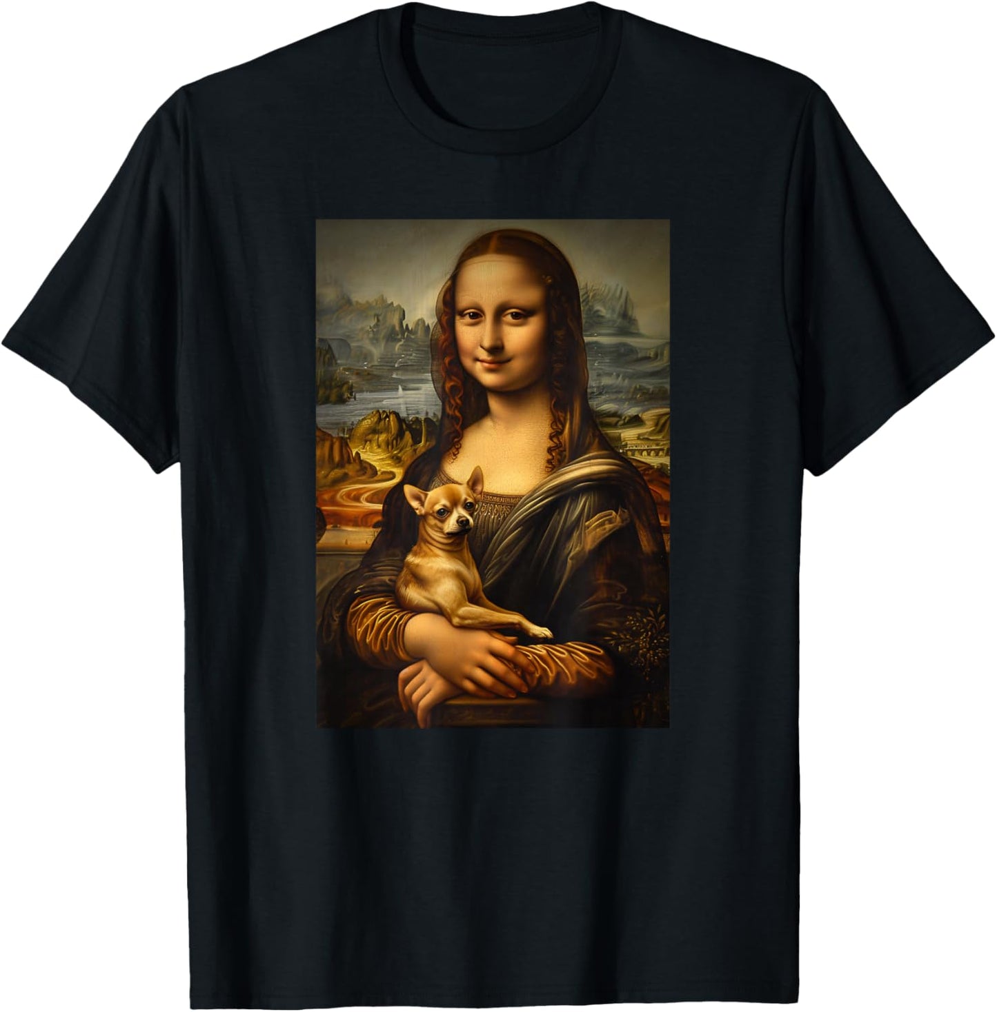 Chihuahua Mona Lisa Painting Art Dog Mom Dad T-Shirt - T-Shirt | Black