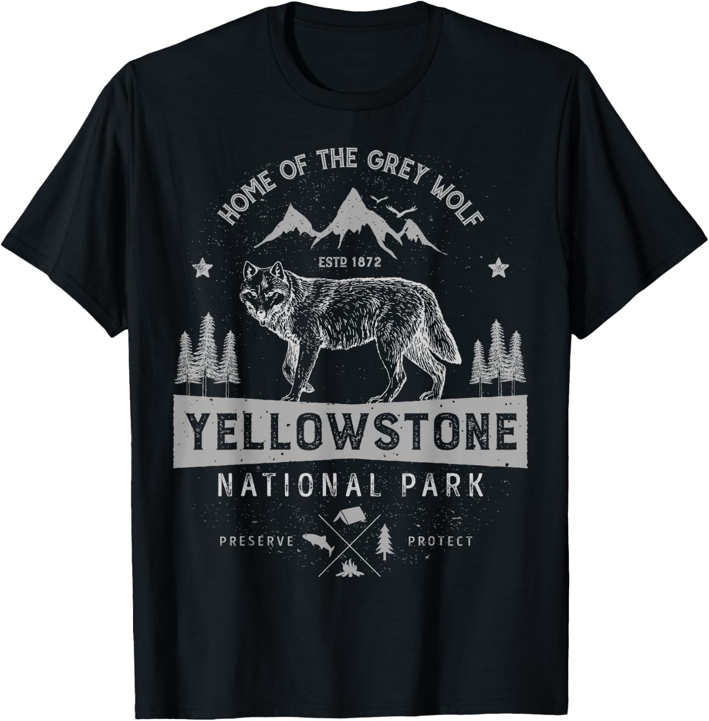 Yellowstone US National Park Wolf Lover Vintage Men Women T-Shirt - T-Shirt | Black