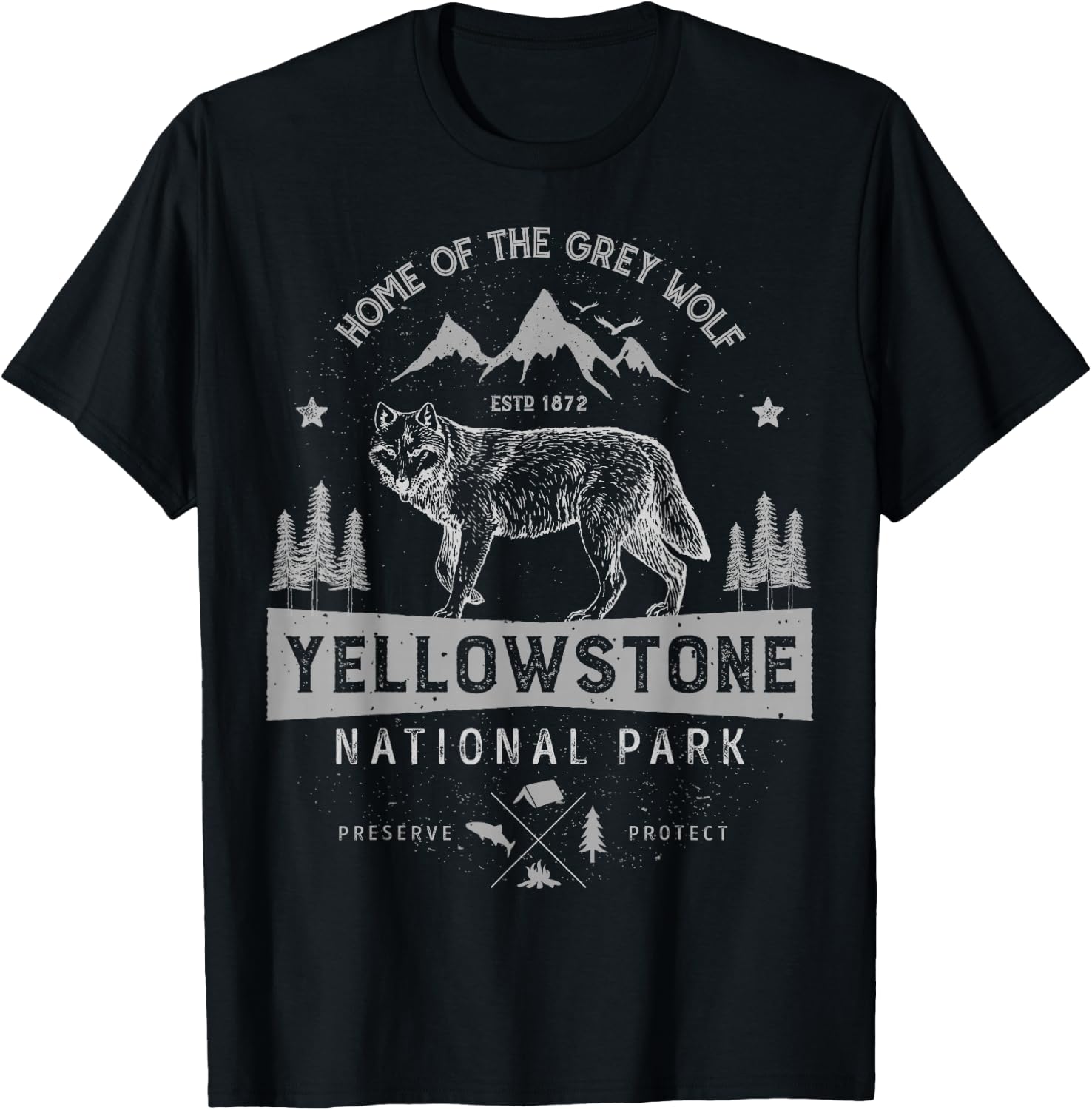 Yellowstone US National Park Wolf Lover Vintage Men Women T-Shirt - T-Shirt | Black
