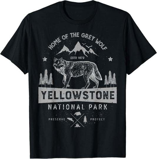 Yellowstone US National Park Wolf Lover Vintage Men Women T-Shirt - T-Shirt | Black