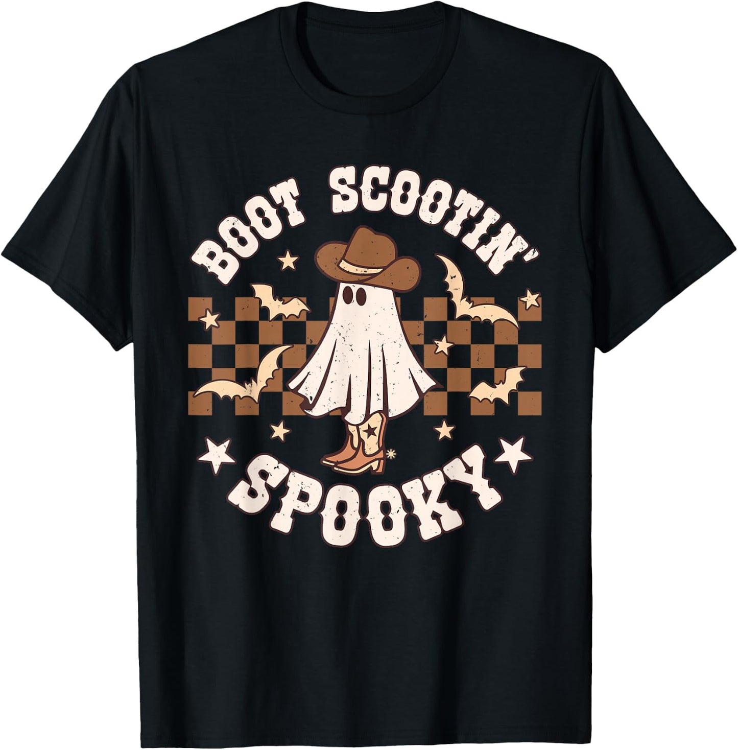 Boot Scootin Spooky Retro Groovy Western Halloween Ghost T-Shirt - T-Shirt | Black