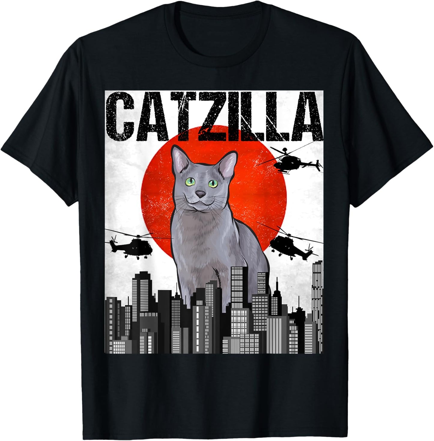 Funny Vintage Japanese Catzilla Russian Blue Cat Men Women T-Shirt - T-Shirt | Black