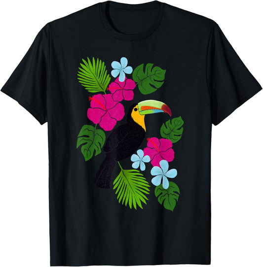 Tropical Toucan With Bright Florals and Leaves T-Shirt - T-Shirt | Black