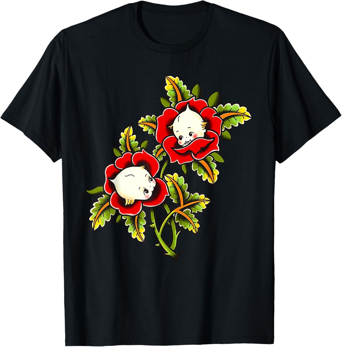 Kewpie Baby Roses Traditional Tattoo Flash T-Shirt - T-Shirt | Black