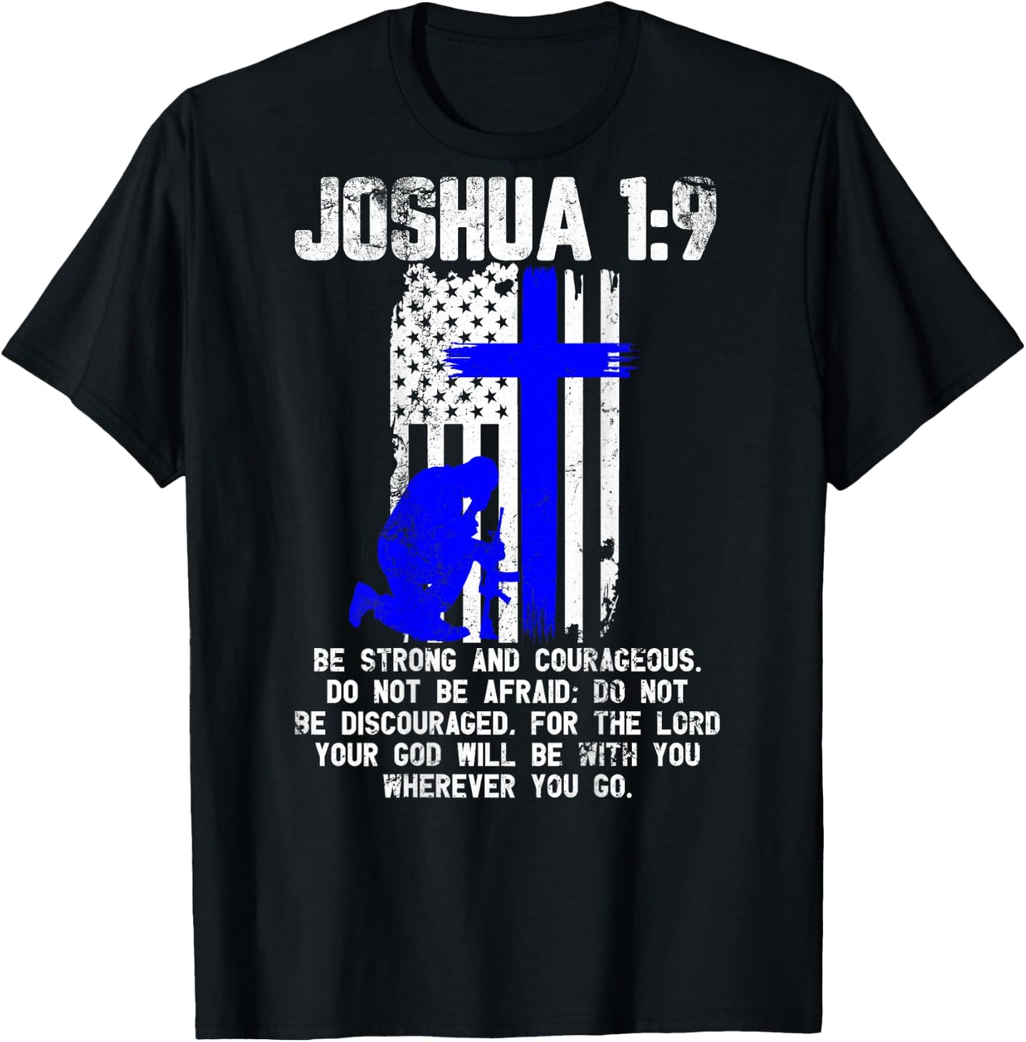 Thin Blue Line Police Cross Bible Verse Christian USA Flag Women Men T-Shirt - T-Shirt | Black