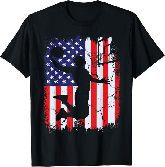 Vintage Basketball American Flag 4th of July Patriotic T-Shirt - T-Shirt | Black