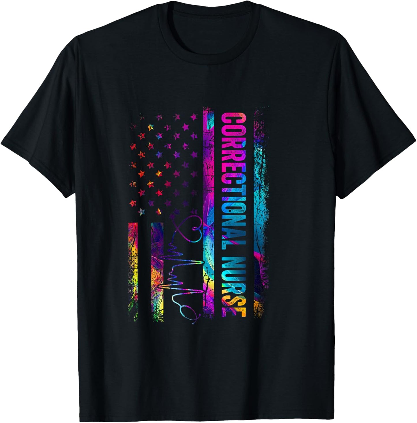 Correctional Nurse Tie Dye American Flag Patriotic Nurse Day T-Shirt - T-Shirt | Black