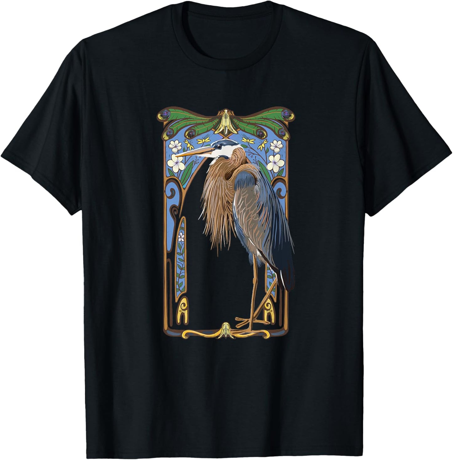 Wild Bird of Women Crane Art Nouveau Illustration T-Shirt - T-Shirt | Black