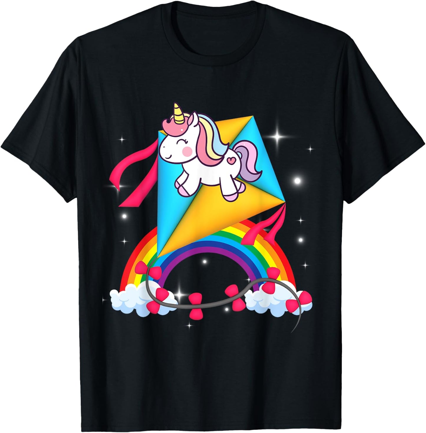 Unicorn Riding Kite Women Men Kids Teens Boys Girls Rainbow T-Shirt - T-Shirt | Black