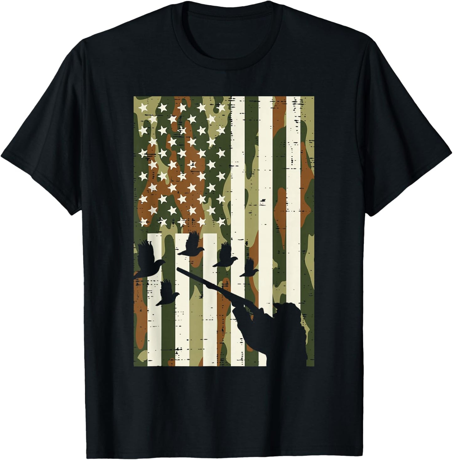 Camo US Flag Quail Pheasant Hunting Upland Hunt Patriotic T-Shirt - T-Shirt | Black