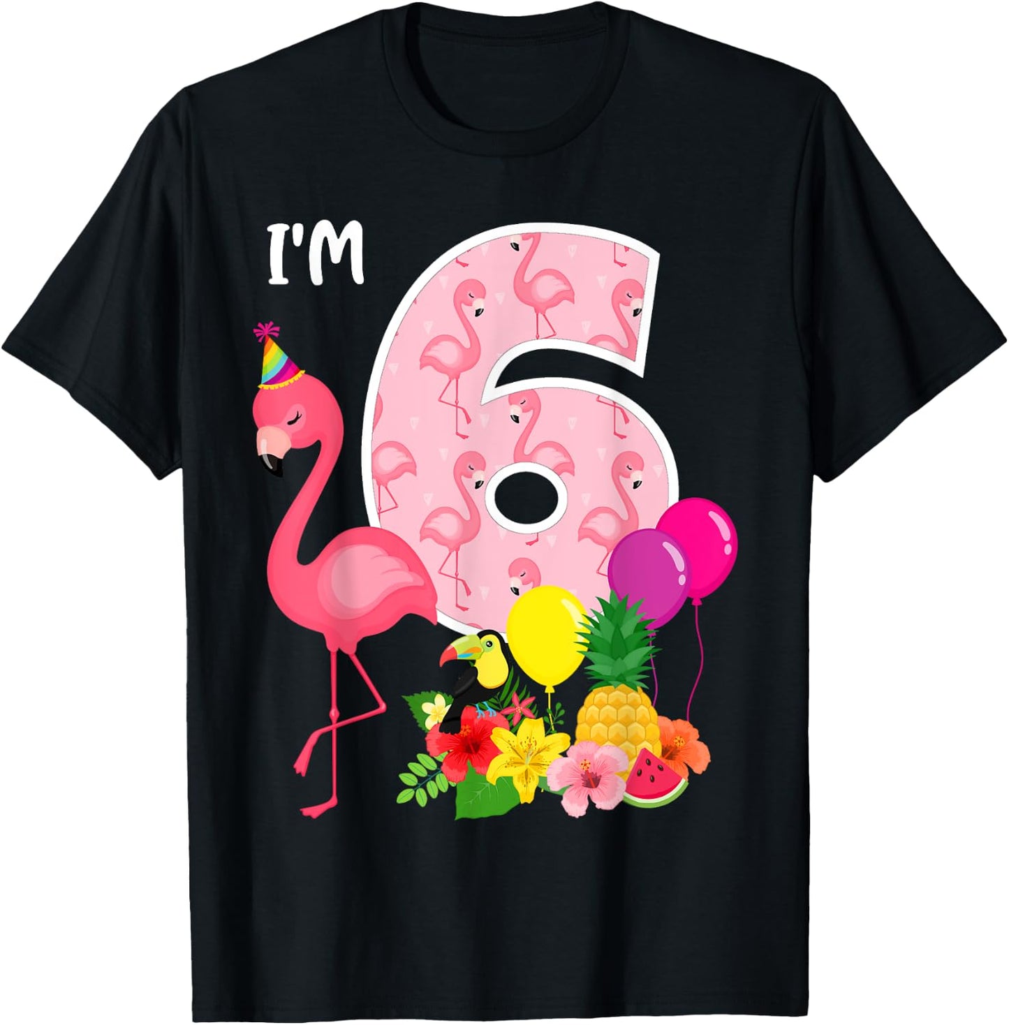 Flamingo Birthday I'm 6 Tropical Flamingo Theme 6th Birthday T-Shirt - T-Shirt | Black
