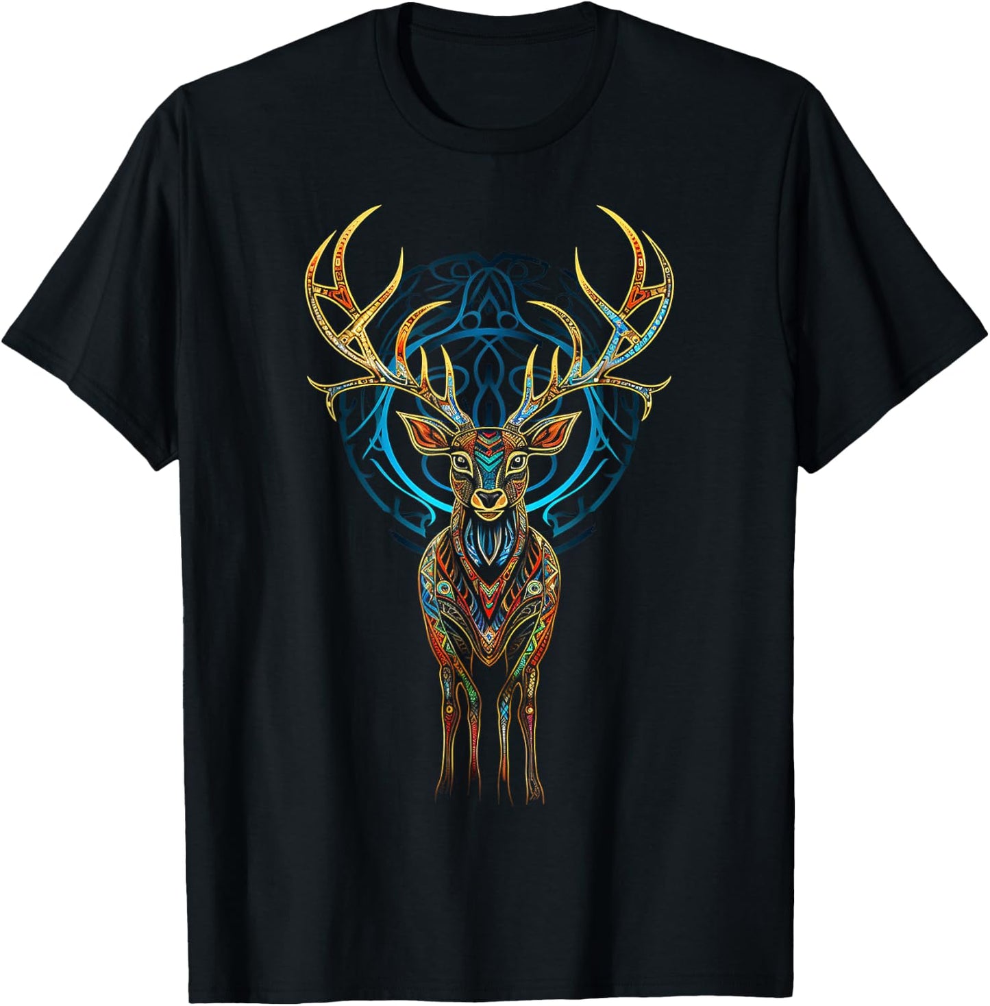 Deer Geometric Art Animal Mandala Colorful Artwork Deer T-Shirt - T-Shirt | Black