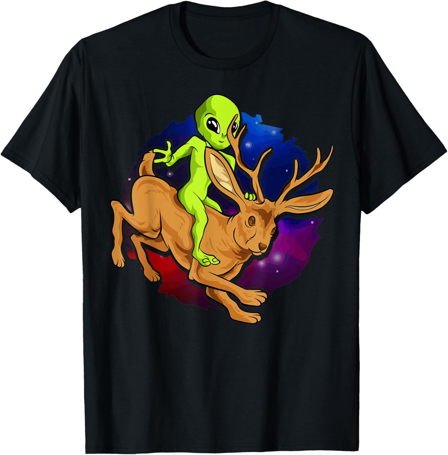 Alien Riding Jackalope Save Cryptid Hare Jackrabbit Camping T-Shirt - T-Shirt | Black