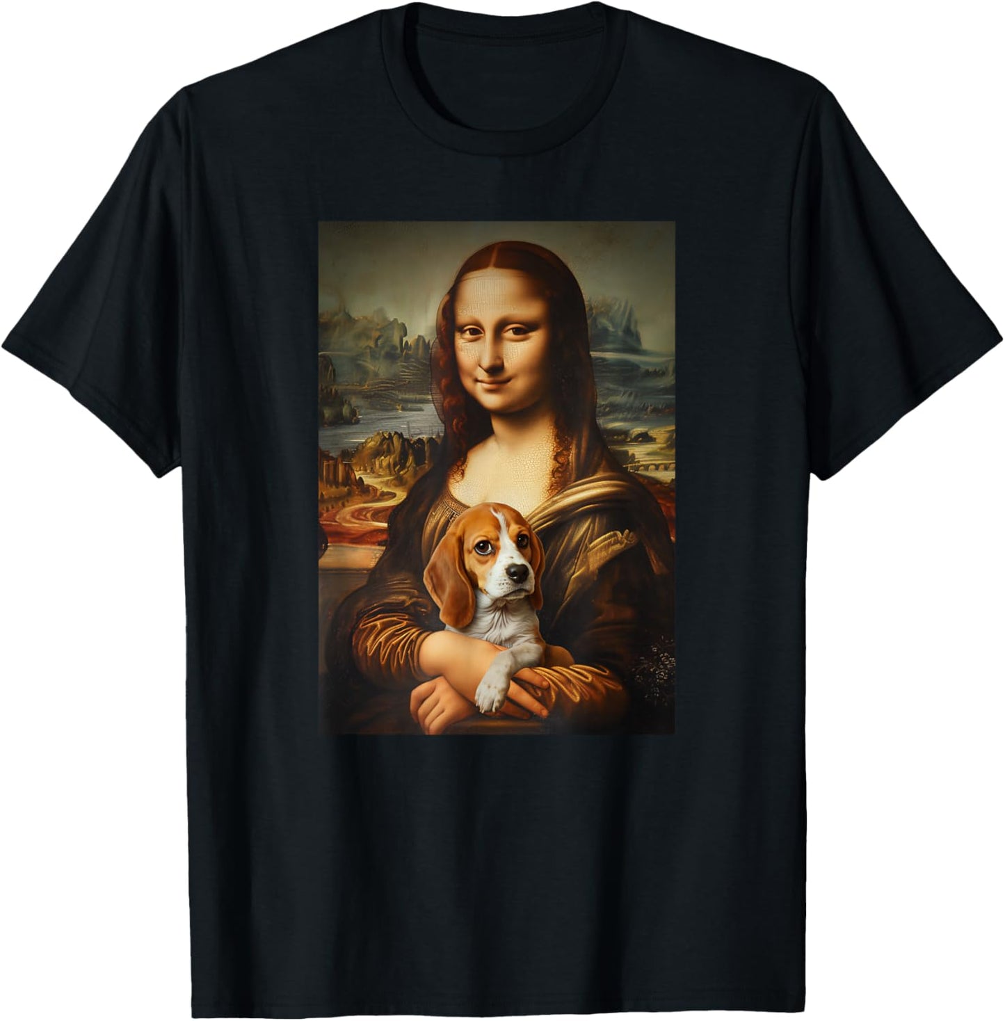 Beagle Mona Lisa Painting Art Dog Mom Dad T-Shirt - T-Shirt | Black