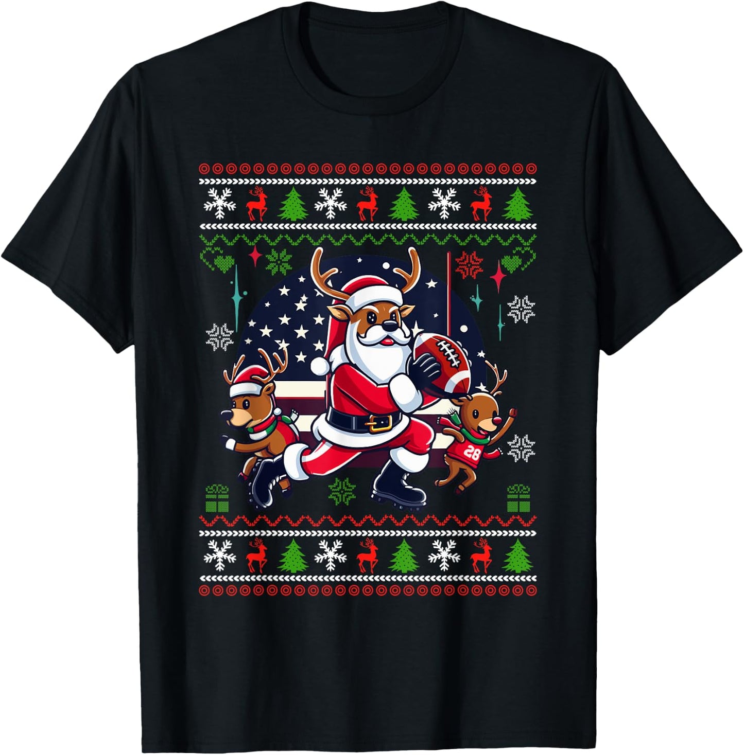 Santa Reindeer Play American Football Ugly Christmas Sweater T-Shirt - T-Shirt | Black