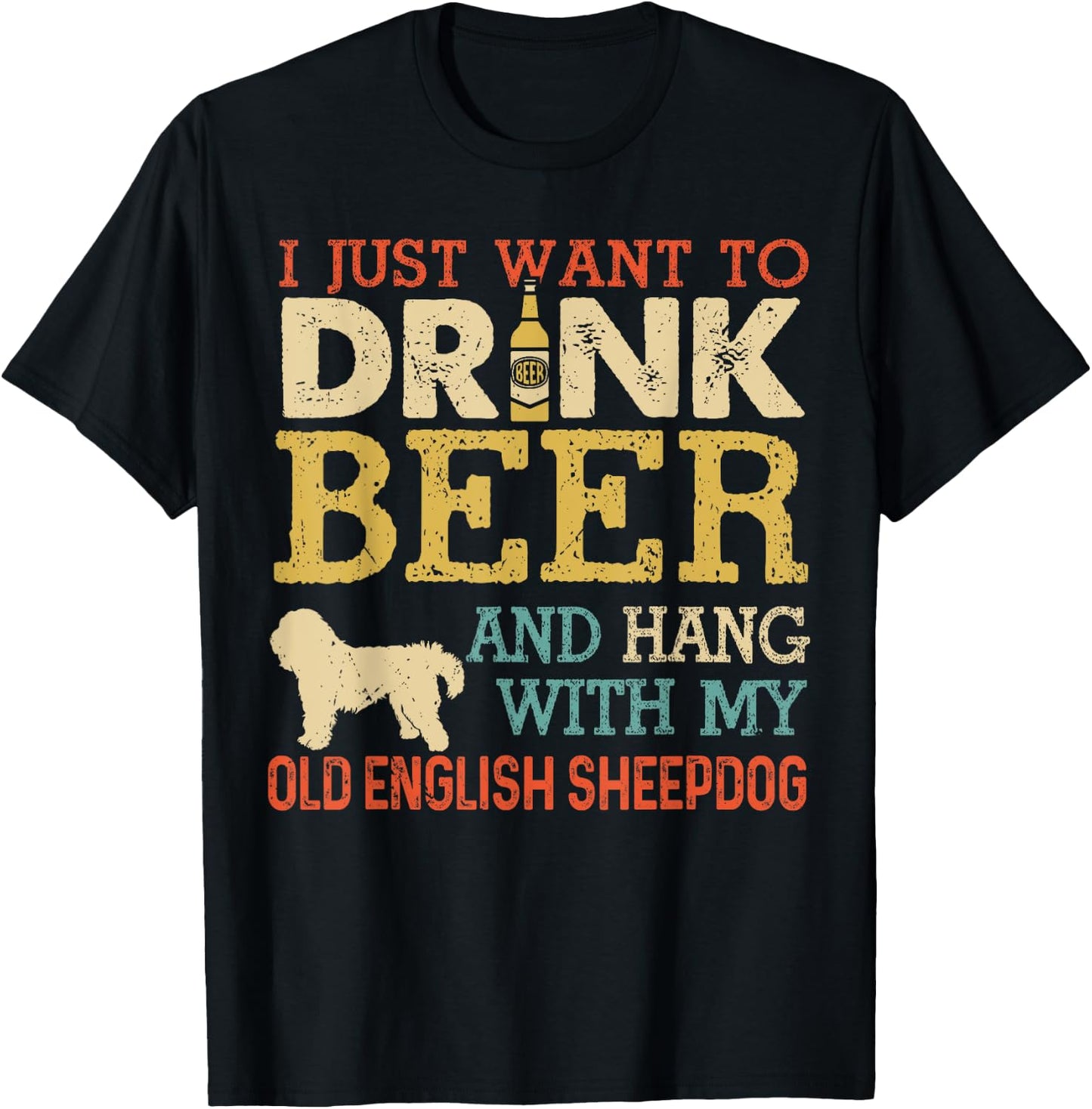 Old English Sheepdog Dad Drink Beer Hang With Dog Funny Men T-Shirt - T-Shirt | Black