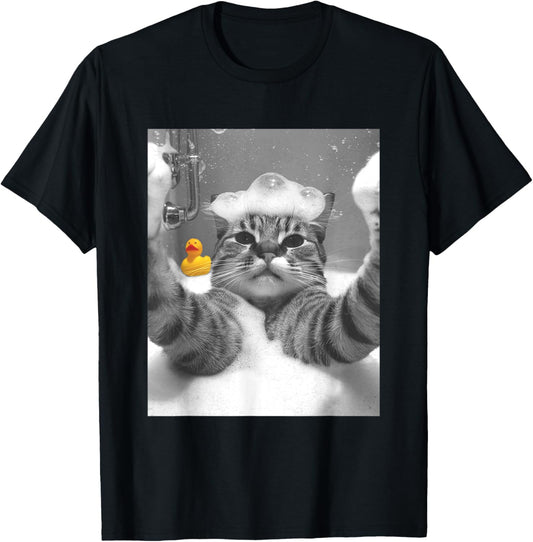 Cat Selfie in Bathtub Women Girls Kids T-Shirt - T-Shirt | Black