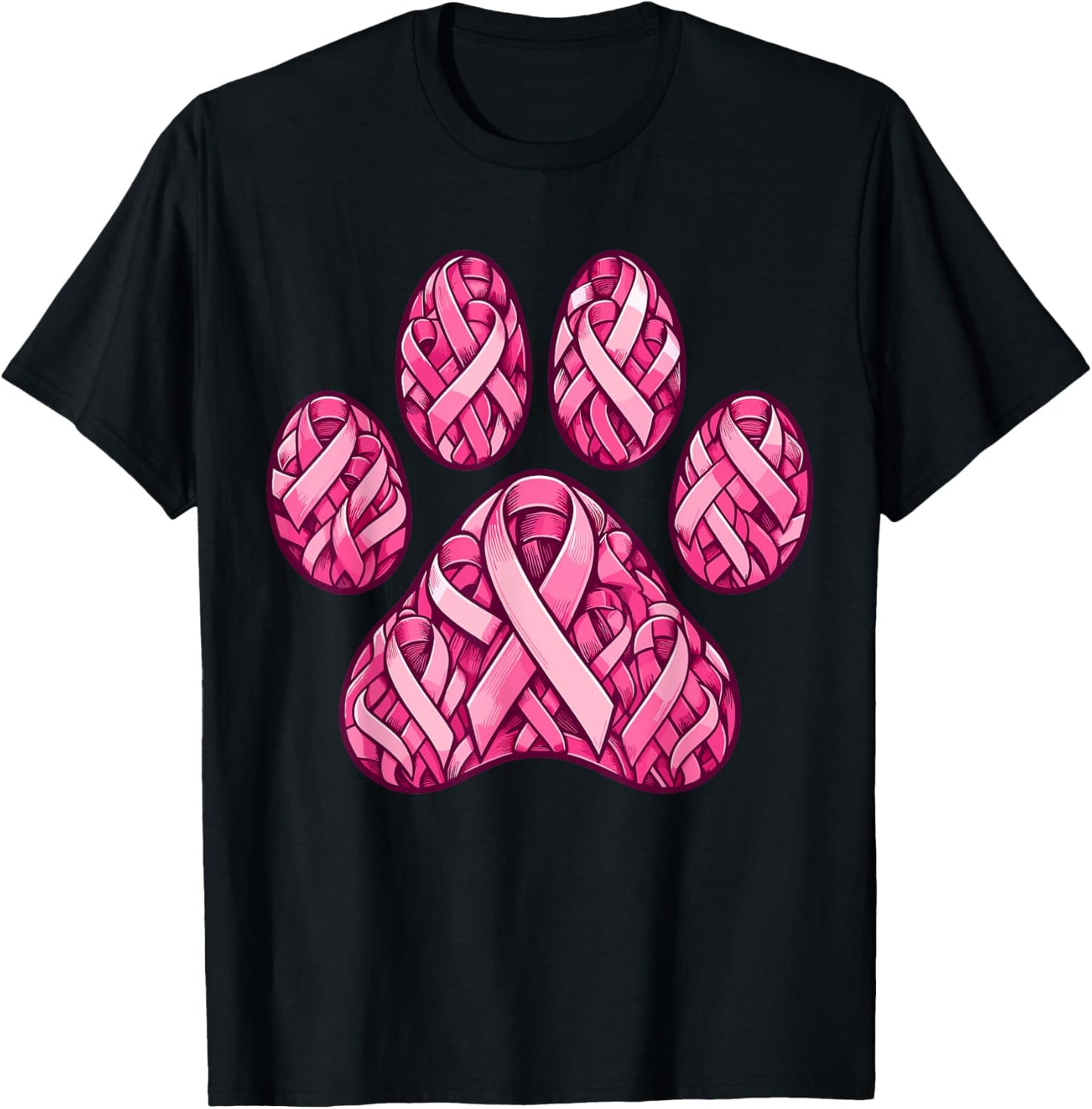 Pink Ribbon Dog Paw Print Breast Cancer Awareness Puppy Love Men Women Kids T-Shirt - T-Shirt | Black