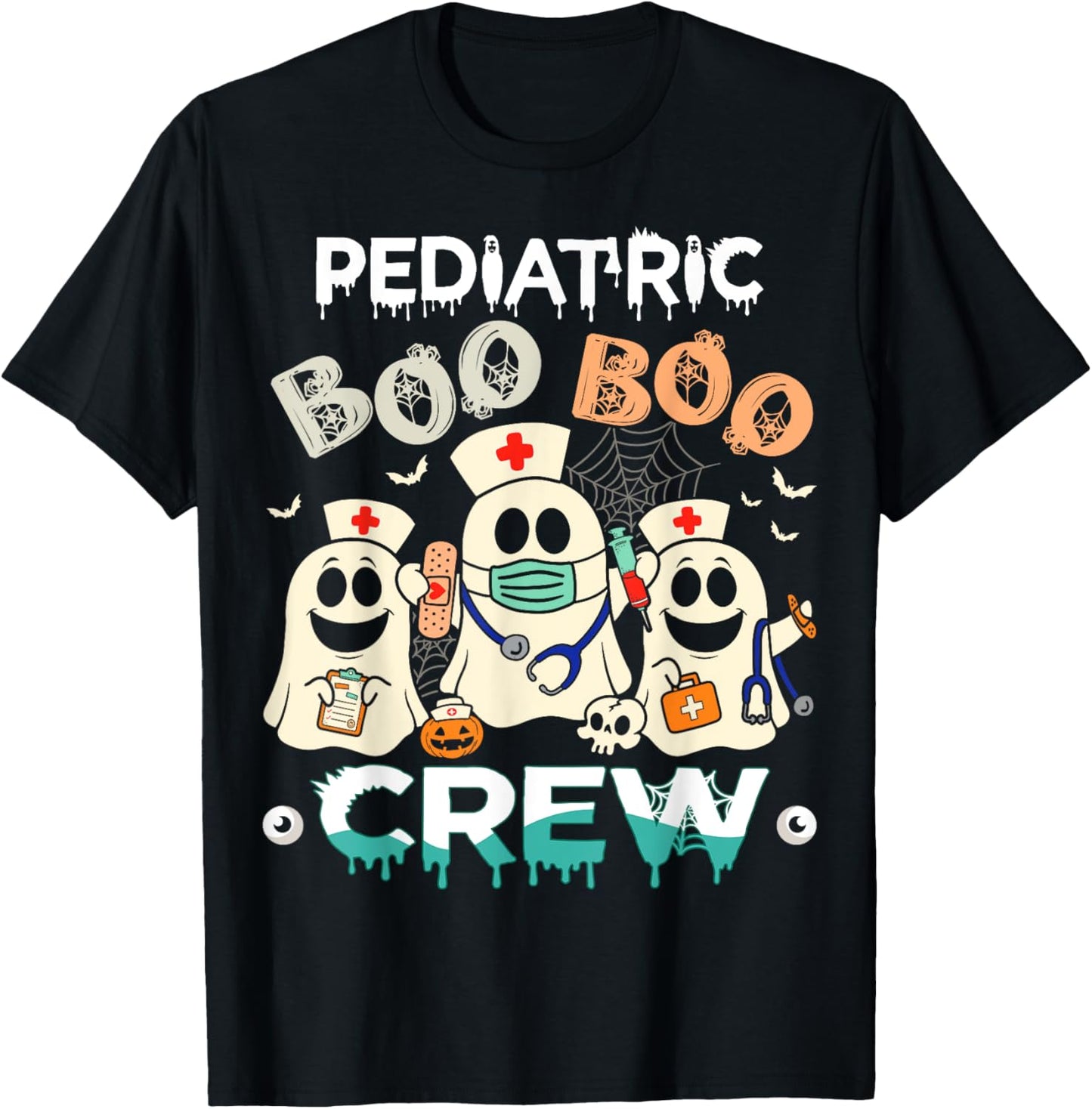 Halloween Nurse Peds Boo Crew Retro Pediatric Nurse Ghost T-Shirt - T-Shirt | Black
