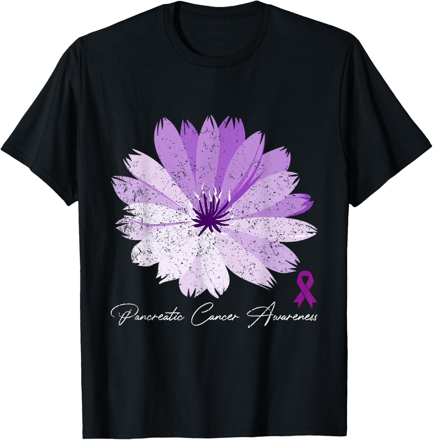 Flower Purple Ribbon Pancreatic Cancer Awareness T-Shirt - T-Shirt | Black