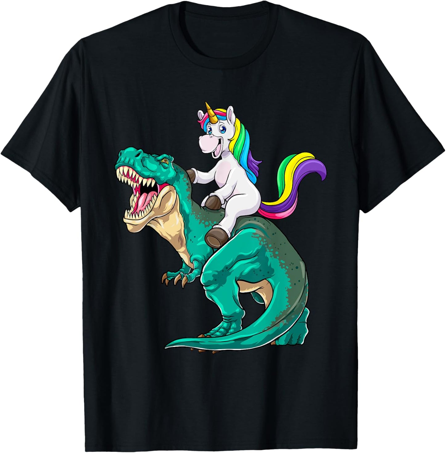 Unicorn Riding T rex Dinosaur Boys Girls Men Women Rainbow T-Shirt - T-Shirt | Black