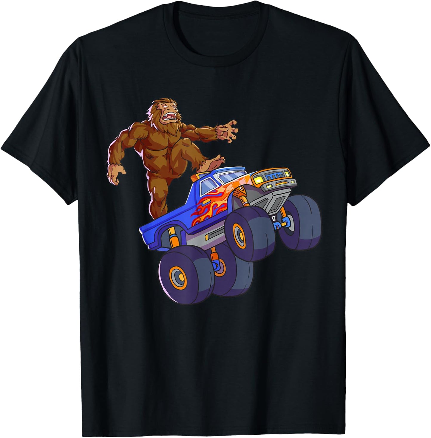Bigfoot Riding Monster Truck Funny Sasquatch Monster Truck T-Shirt - T-Shirt | Black