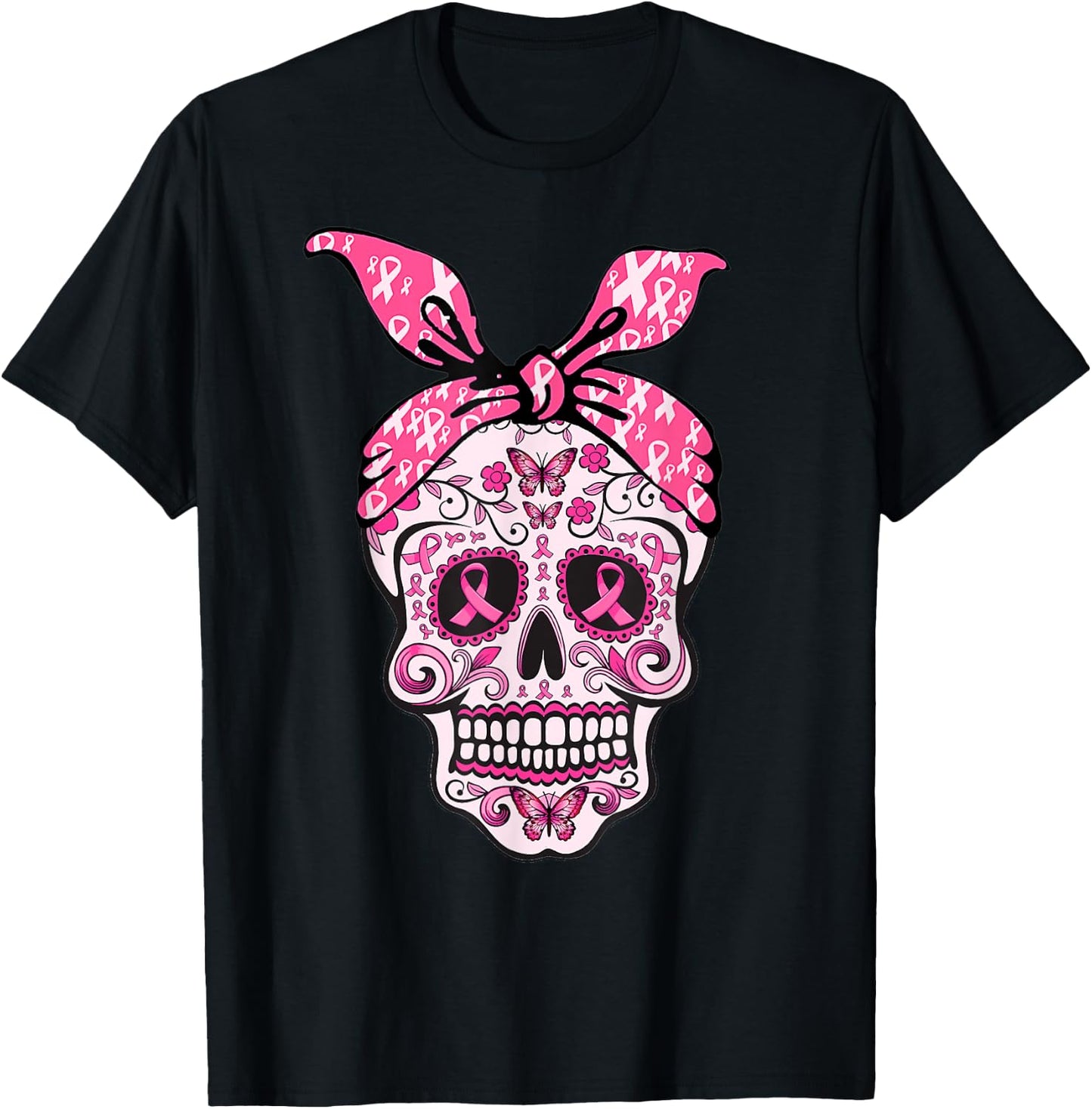 Sugar Skull Pink Ribbon Bandana Calavera Breast Cancer T-Shirt - T-Shirt | Black