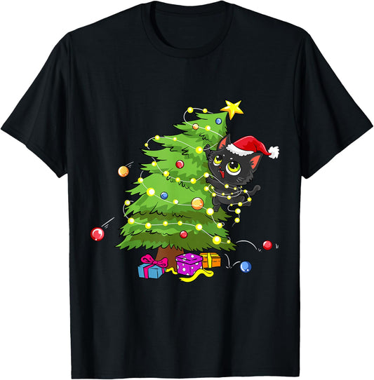 Santa Black Cat Tangled Up In Christmas Tree Lights Holiday T-Shirt - T-Shirt | Black