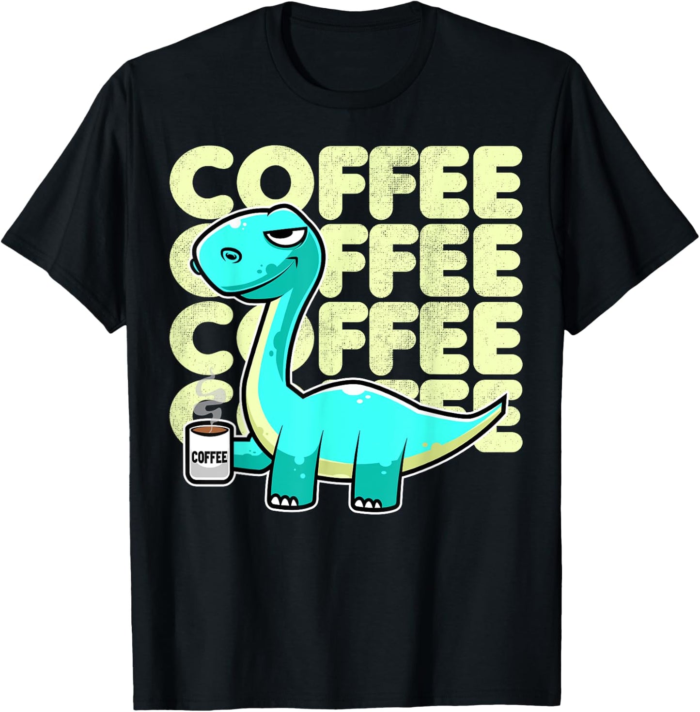 Cute Dinosaur Drinking Coffee Kawaii Neko Anime T-Shirt - T-Shirt | Black