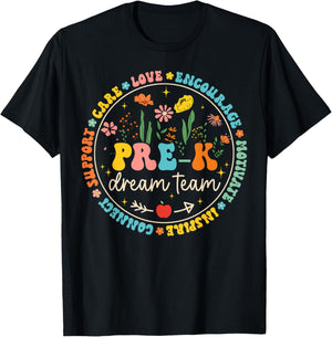 Pre-K Dream Team Back To School Teacher Care Love Floral T-Shirt - T-Shirt | Black