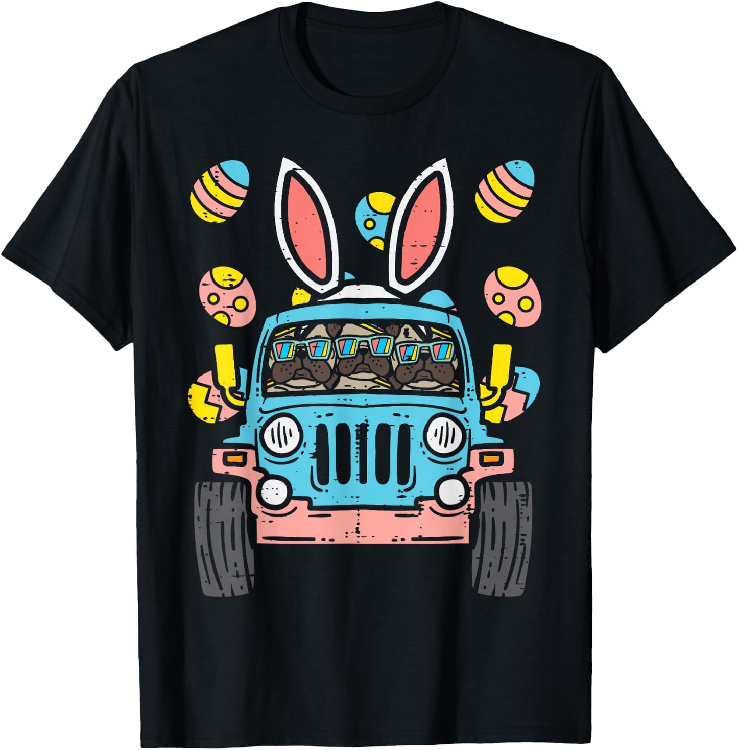 Pugs Monster Truck Bunny Ears Eggs Easter Egg Hunt Boys Kids T-Shirt - T-Shirt | Black