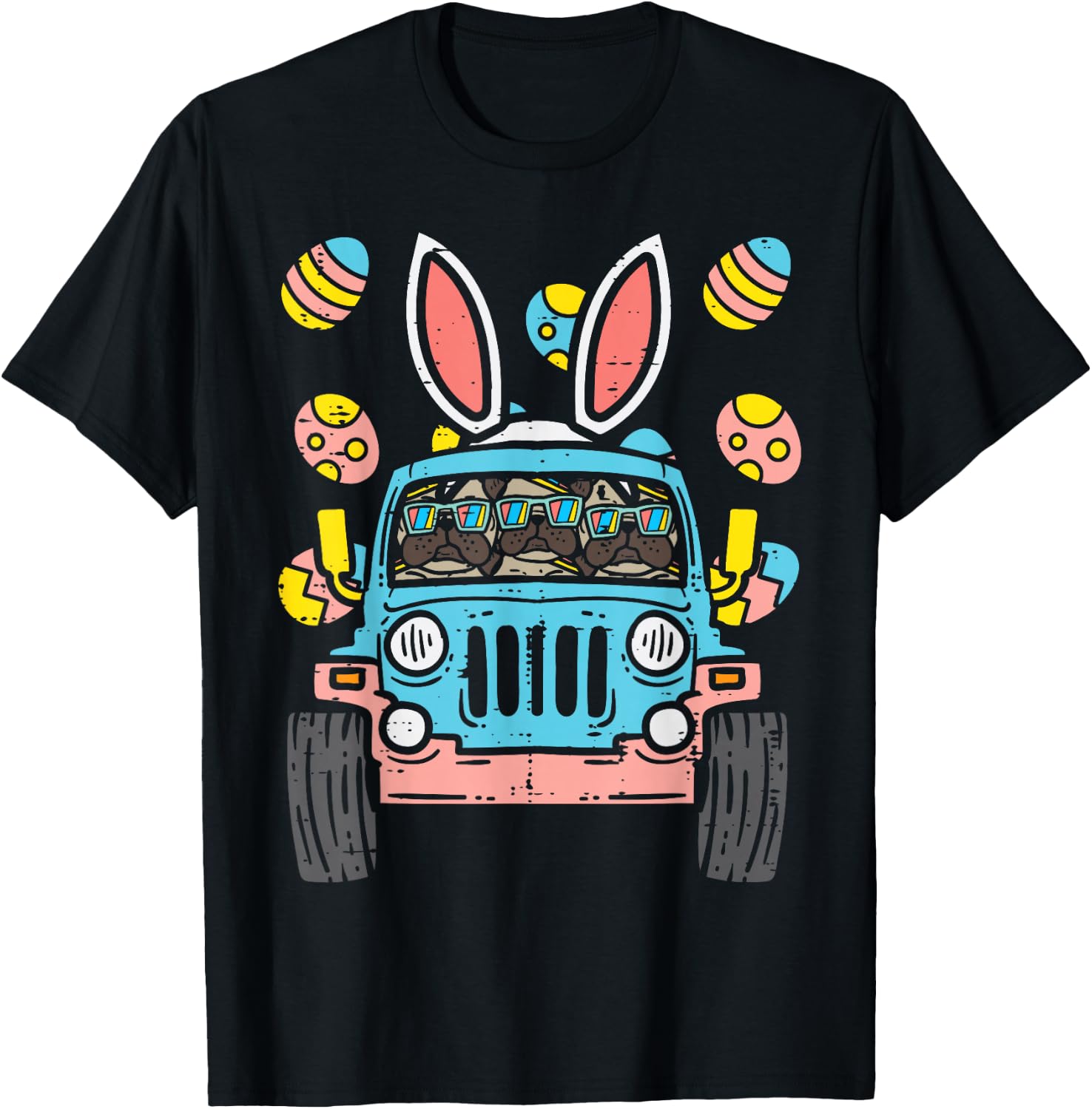 Pugs Monster Truck Bunny Ears Eggs Easter Egg Hunt Boys Kids T-Shirt - T-Shirt | Black
