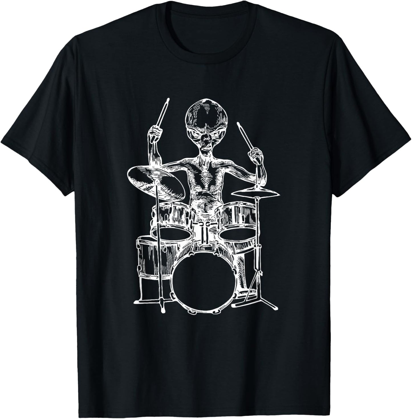 Alien Playing Drums Funny Space Drummer Rock Musician T-Shirt - T-Shirt | Black