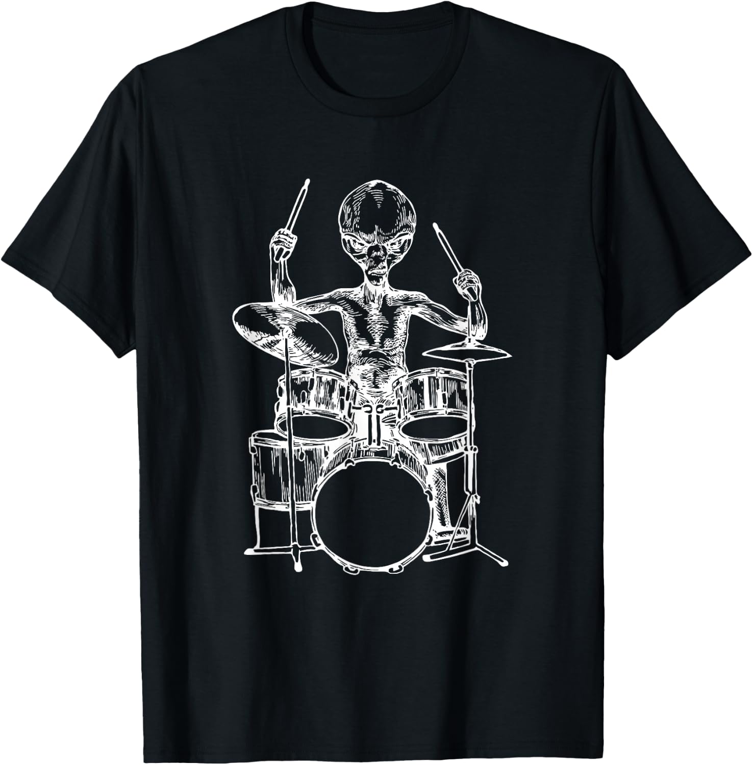 Alien Playing Drums Funny Space Drummer Rock Musician T-Shirt - T-Shirt | Black