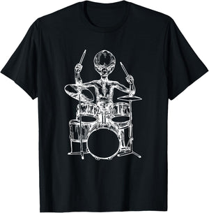 Alien Playing Drums Funny Space Drummer Rock Musician T-Shirt - T-Shirt | Black
