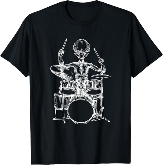Alien Playing Drums Funny Space Drummer Rock Musician T-Shirt - T-Shirt | Black