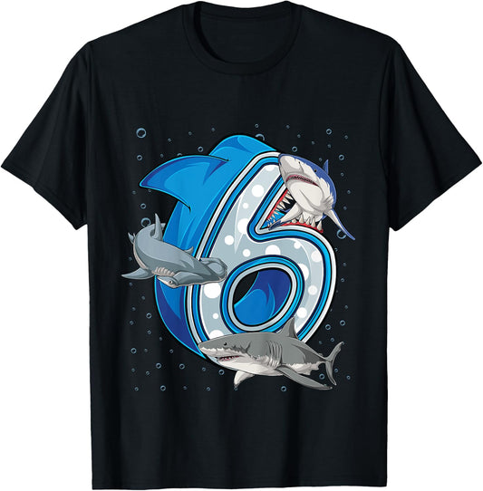 Kids 6th Birthday Boys Shark 6 years Old Ocean Shark B-day T-Shirt - T-Shirt | Black