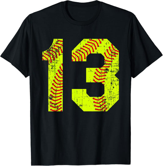 Vintage Softball 13 Jersey Number T-Shirt - T-Shirt | Black