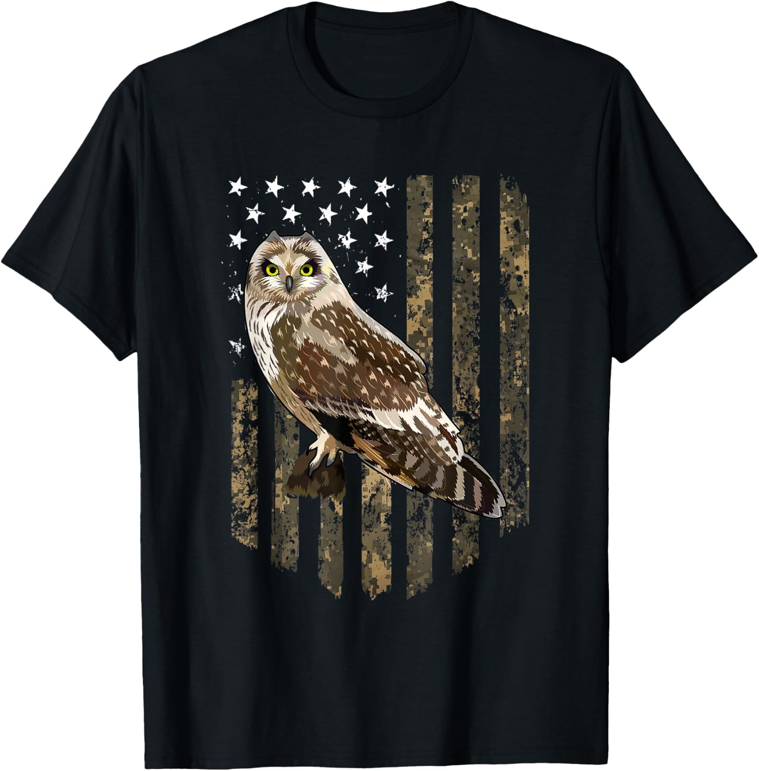 Camo American Flag Short-eared Owl Bird 4th Of July Women Men T-Shirt - T-Shirt | Black
