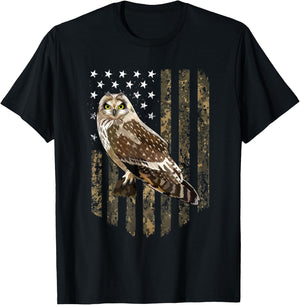 Camo American Flag Short-eared Owl Bird 4th Of July Women Men T-Shirt - T-Shirt | Black