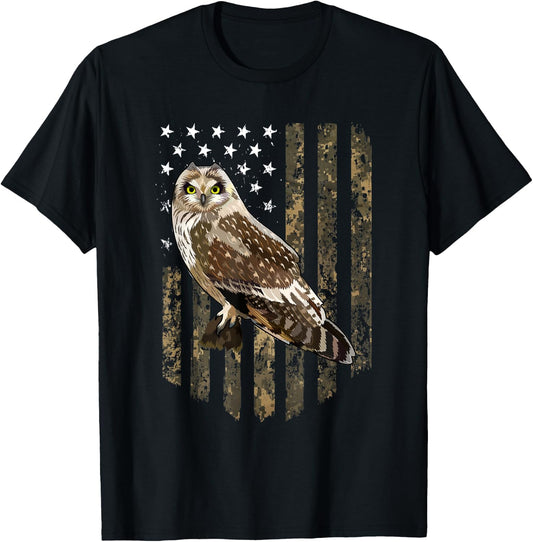 Camo American Flag Short-eared Owl Bird 4th Of July Women Men T-Shirt - T-Shirt | Black