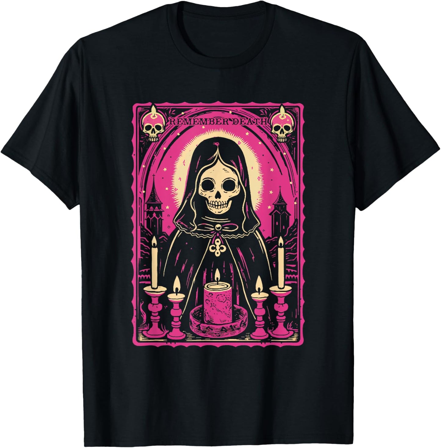Remember Death Cute Pink Skeleton Skull Reaper w/ Candles T-Shirt - T-Shirt | Black