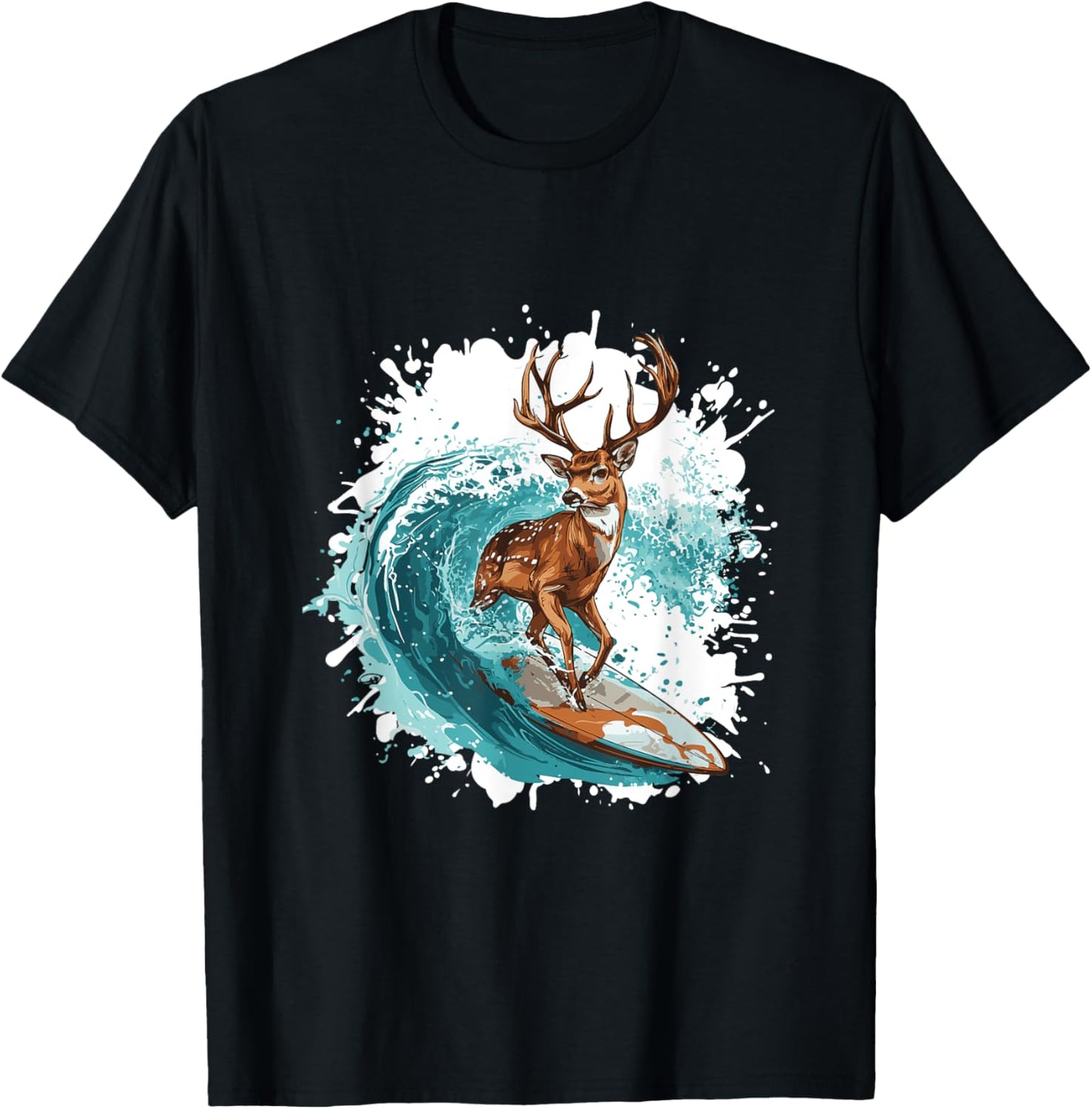 Deer Surfboarding | Animal Sport Surfer Surfing T-Shirt - T-Shirt | Black