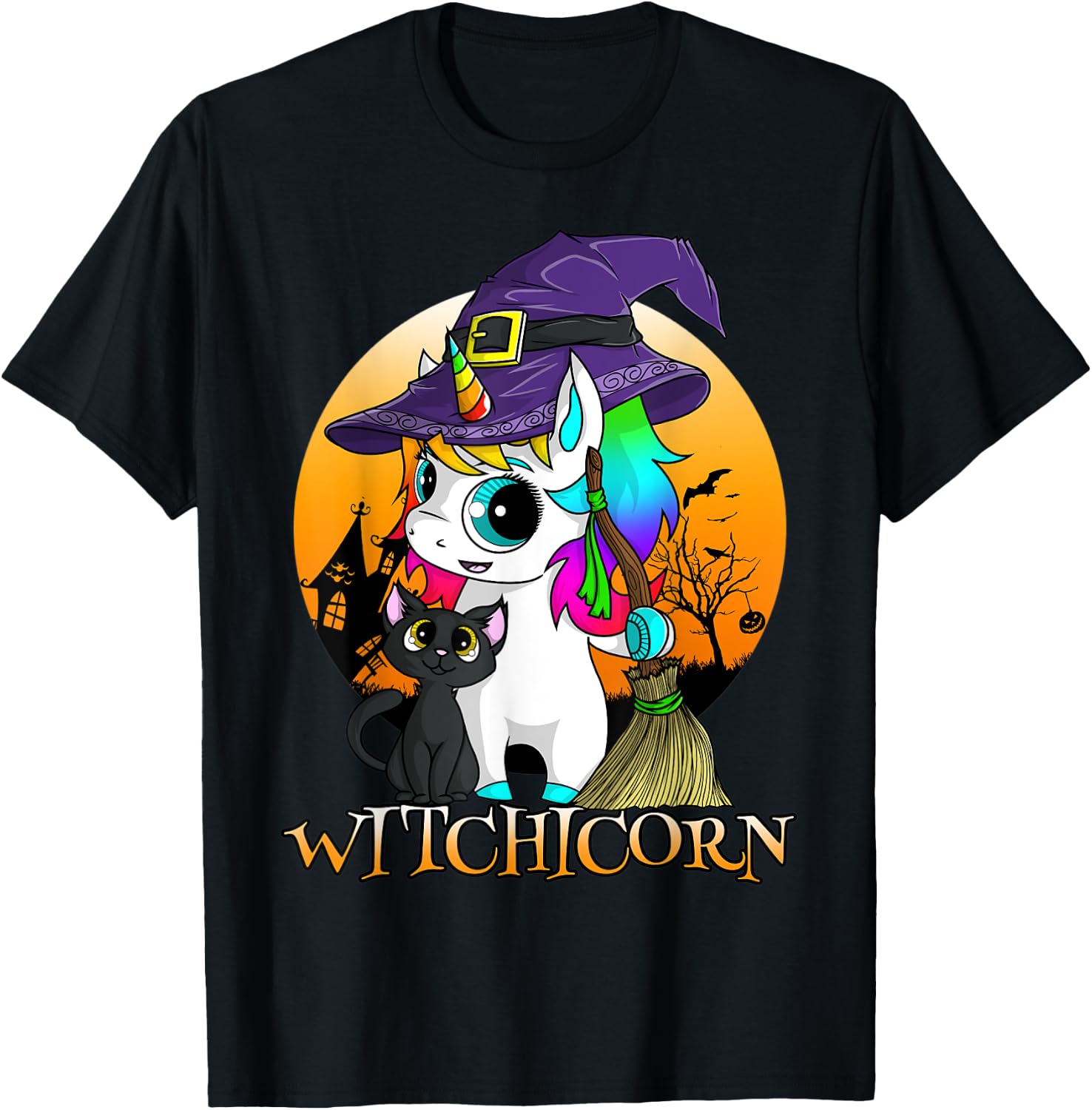 Witchicorn Unicorn Witch Halloween Black Cat Orange Moon T-Shirt - T-Shirt | Black