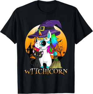 Witchicorn Unicorn Witch Halloween Black Cat Orange Moon T-Shirt - T-Shirt | Black