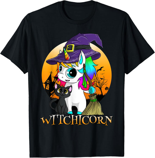 Witchicorn Unicorn Witch Halloween Black Cat Orange Moon T-Shirt - T-Shirt | Black